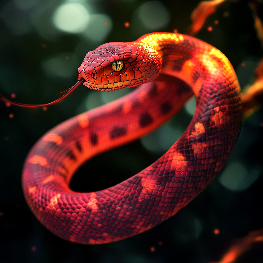 Red snake poised to strike in mysterious setting.