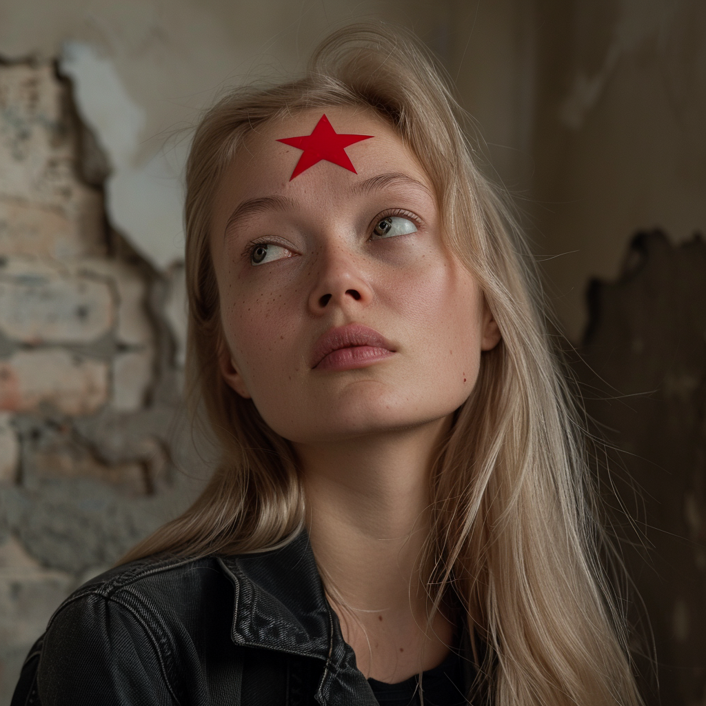 Red star on Mongolian woman's pale forehead, long blonde hair.