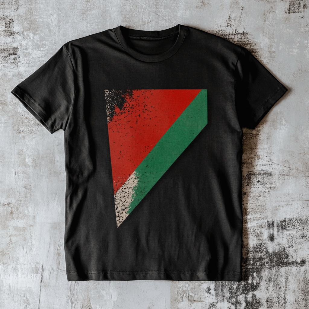 Red triangle, green top, black bottom on t-shirt.