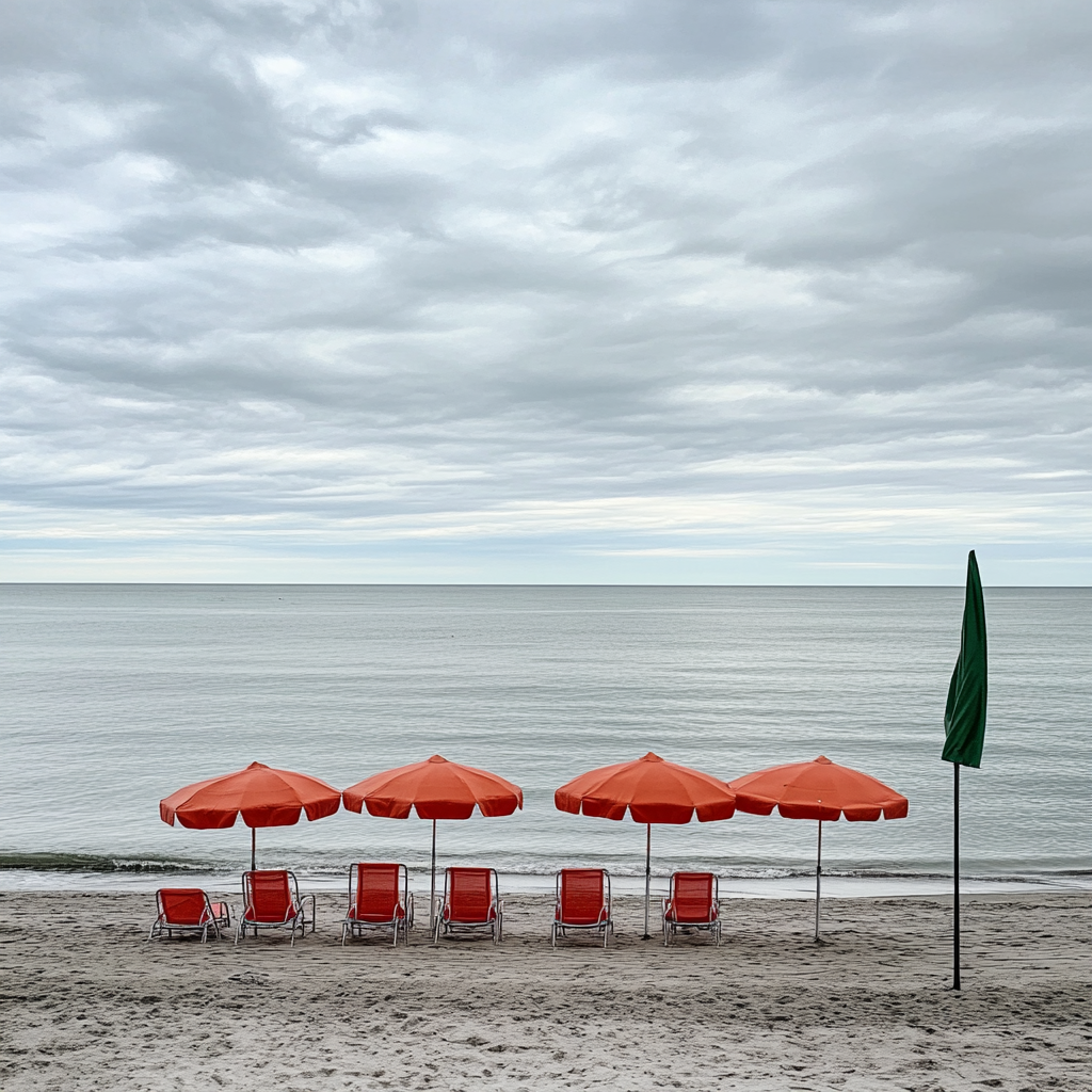 Red umbrellas and chairs on Long Island Beach.