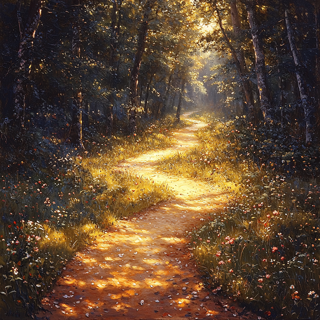 Red walks home on peaceful sunlit forest path.