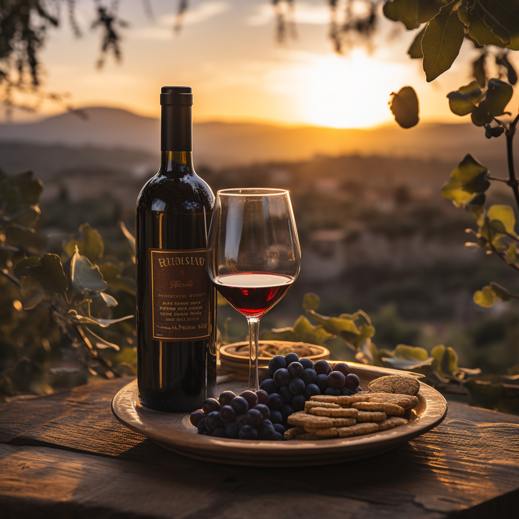 A cinematic image of wine bottle and glass with grape plantations