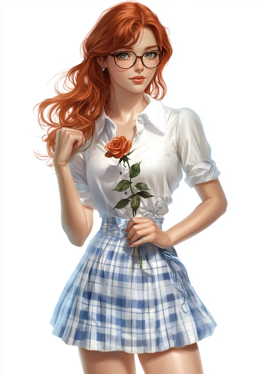 Redhead Girl with Glasses Holding Rose