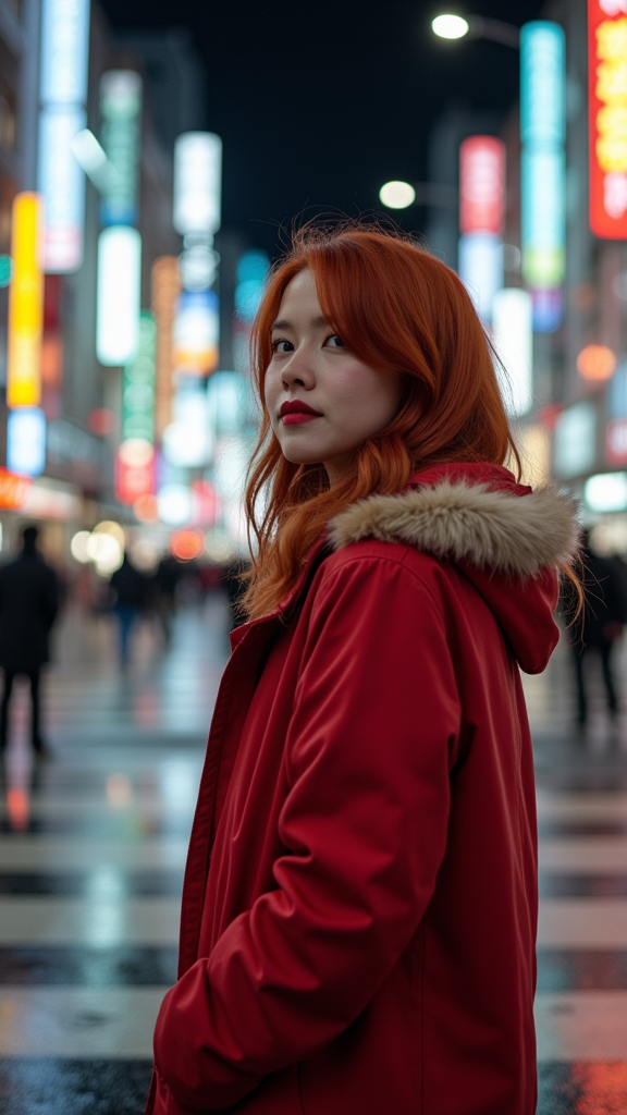 Redhead Woman in Red Raincoat at Shibuya Night Crosswalk