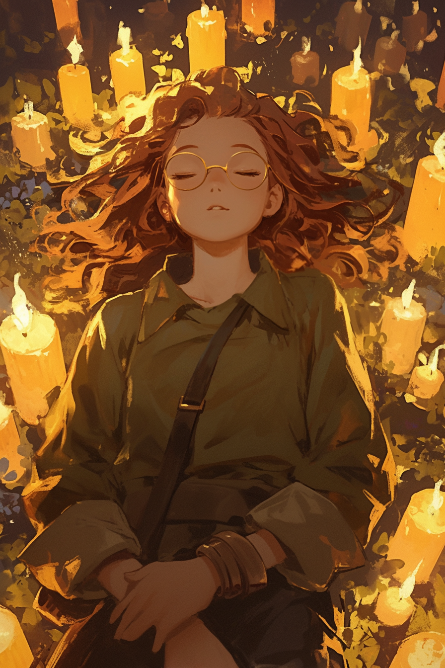 Redhead woman surrounded by candles in Studio Ghibli style.