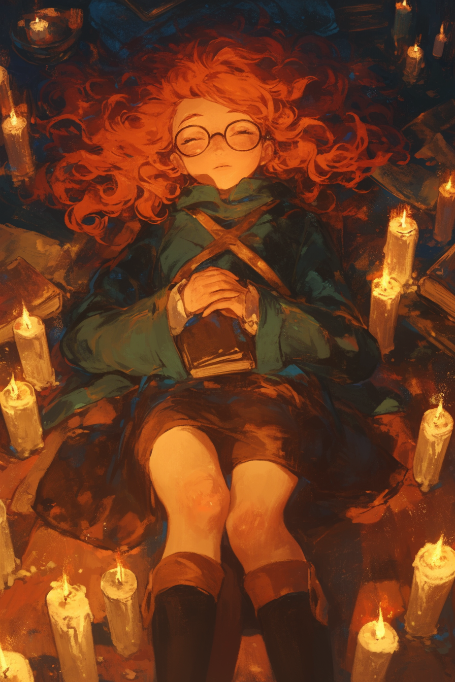 Redhead woman surrounded by melting candles in Ghibli style.