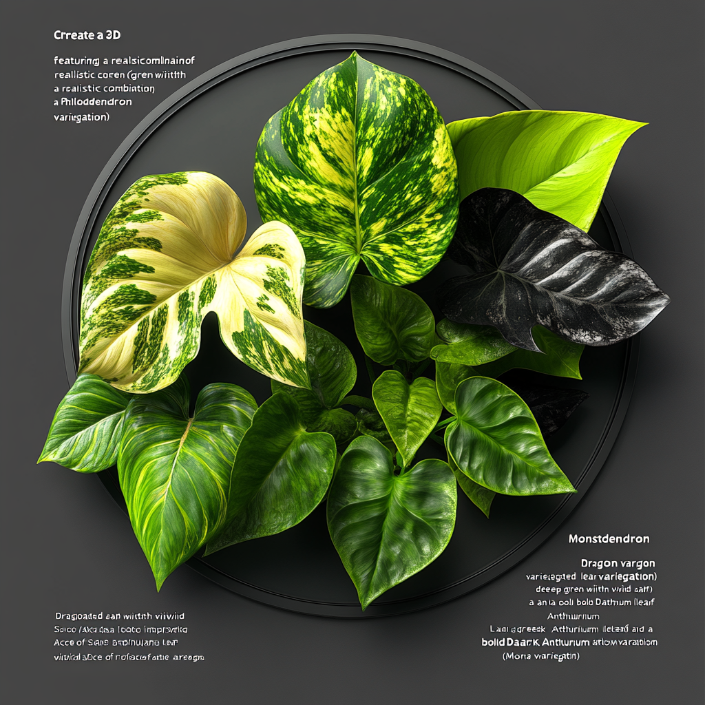 Refined 3D logo with Monstera, Philodendron, Anthurium leaves, faceless.