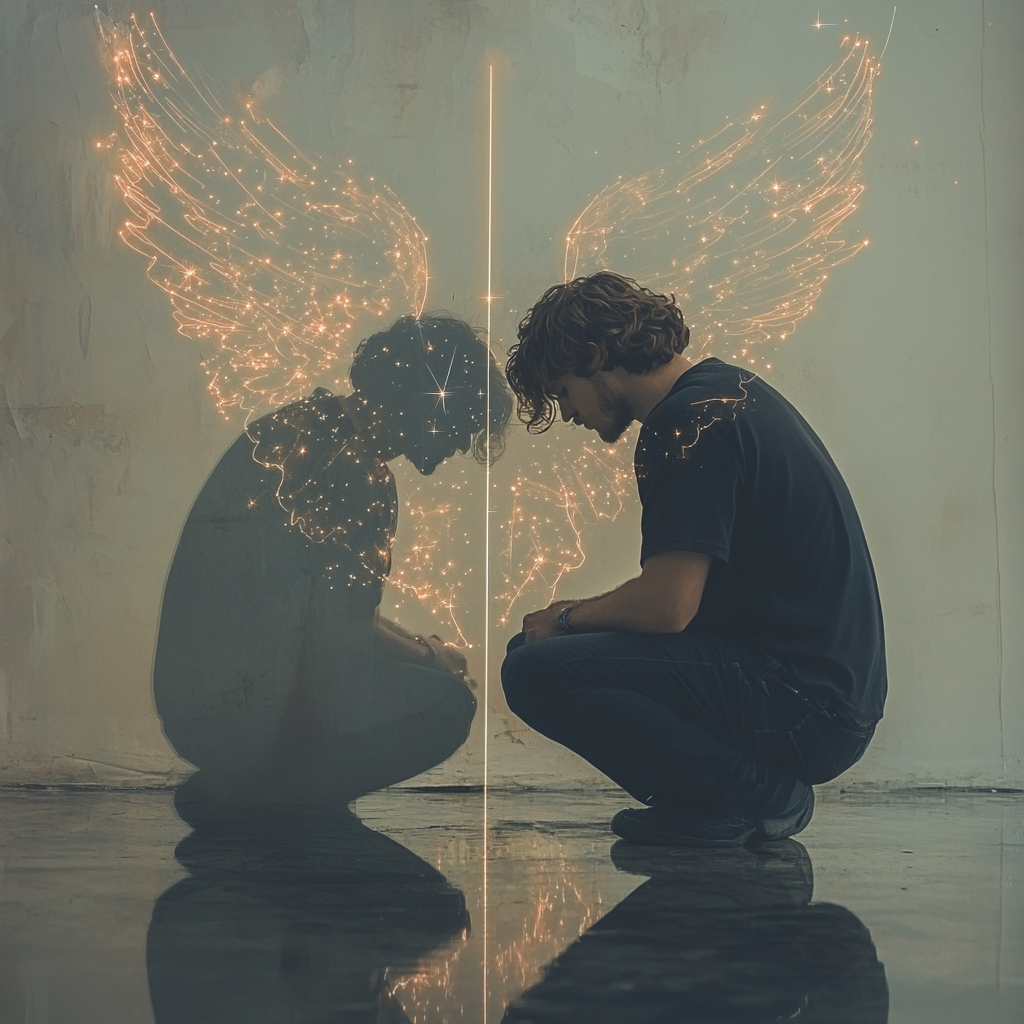 Reflection of stars and constellations with man kneeling. Angel wings.