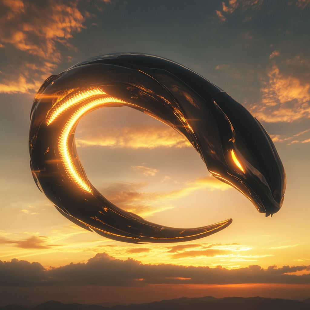 Reflective Rayquaza glowing golden in dramatic sunset scene.