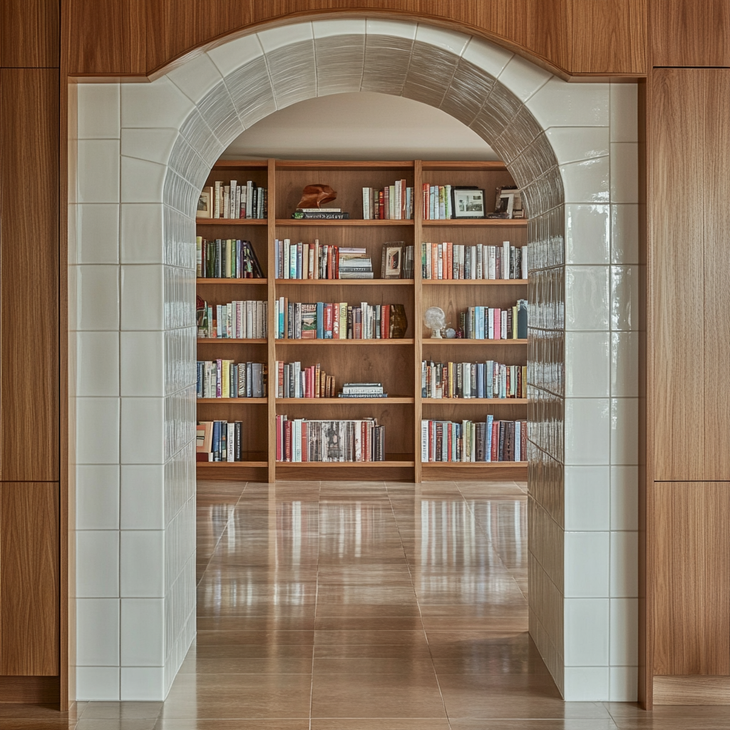 Reflective ceramic-tiled archway contrasts with warm wood bookshelf.