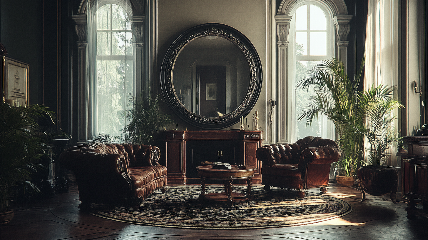 Reflective dark-framed mirrors create mysterious gothic ambiance.