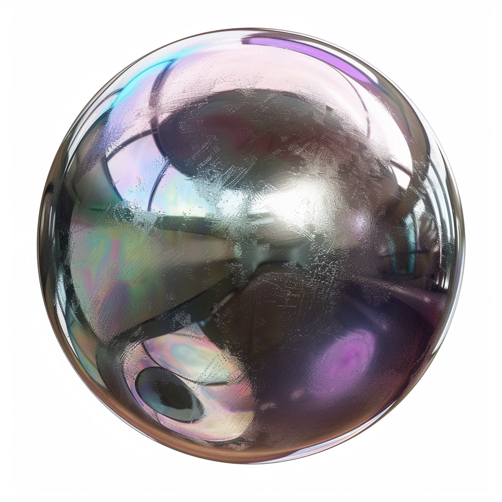 Reflective metallic orb with iridescent finish at nighttime rave.