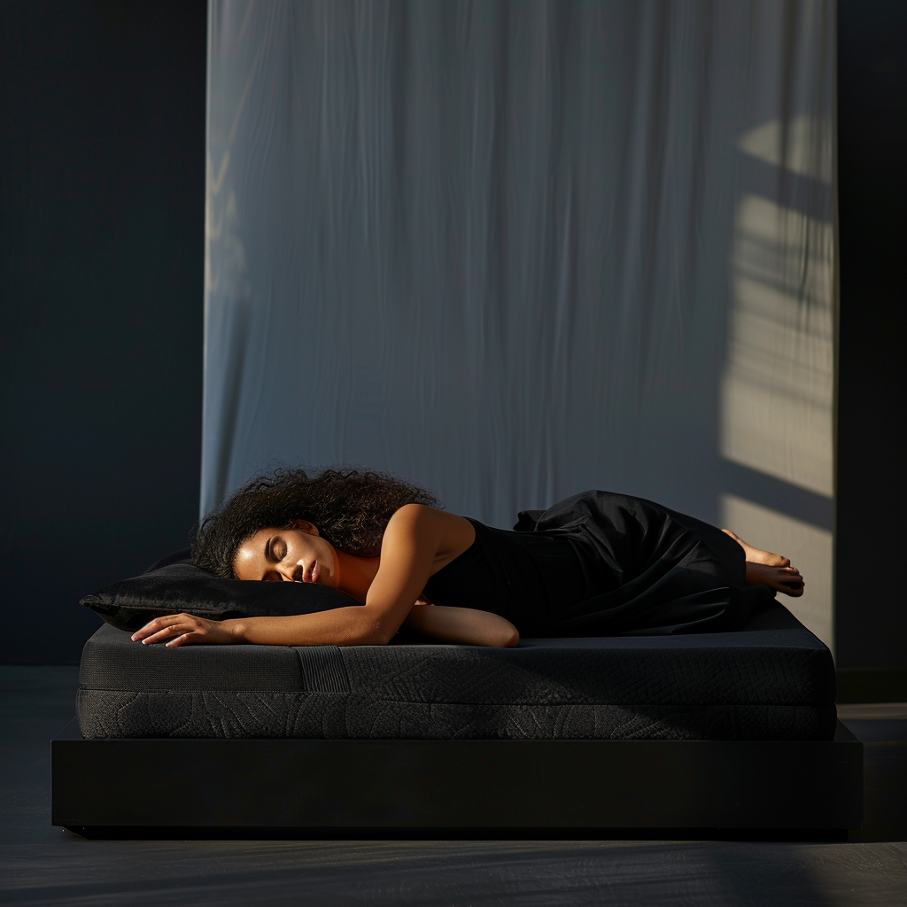 Refreshing Coolness: Woman resting on uncovered mattress