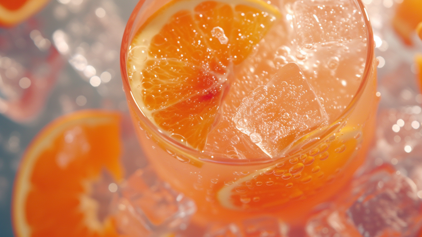 Refreshing Orange Fanta Drink with Ice and Oranges