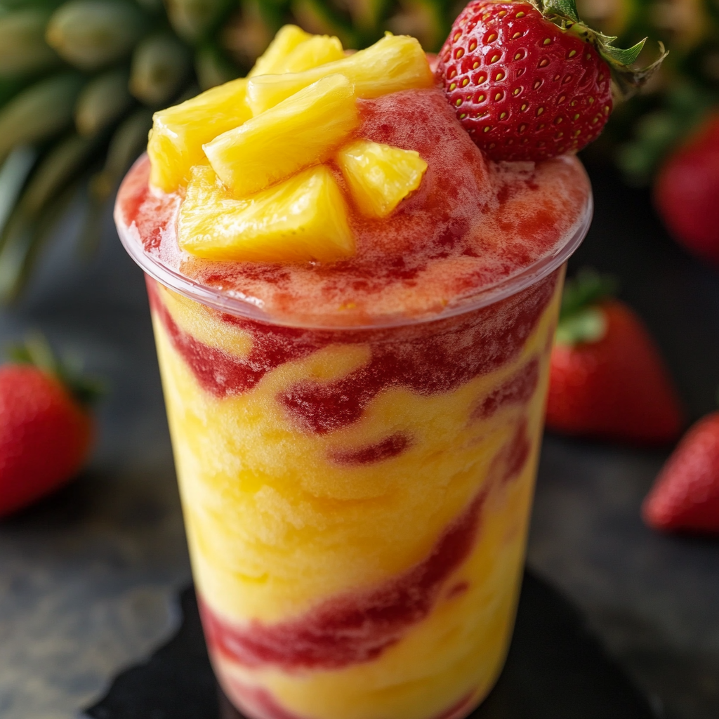 Refreshing drink with pineapple slush and strawberry purée swirls, visually appealing.