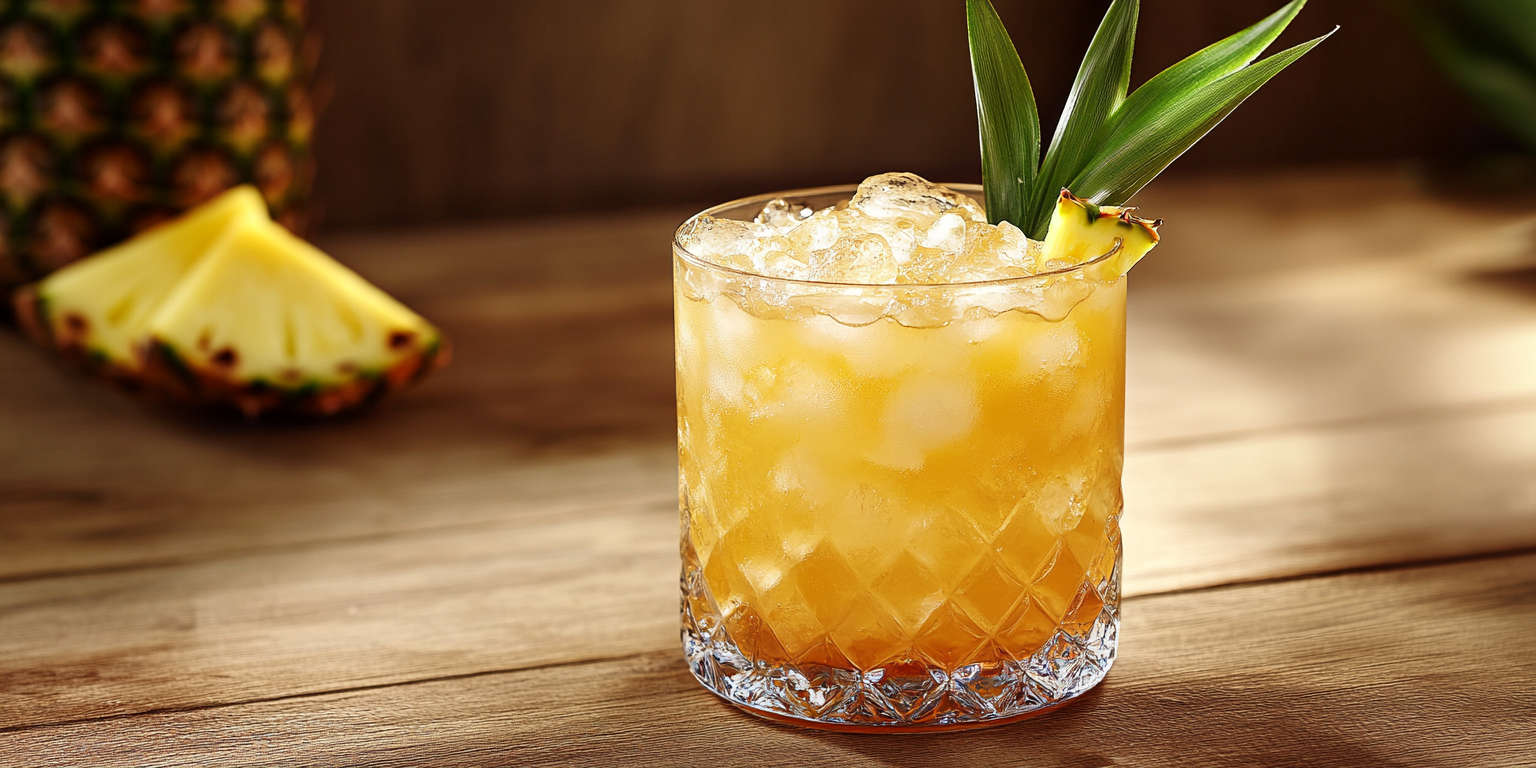 Refreshing mai tai cocktail in lowball glass with pineapple.