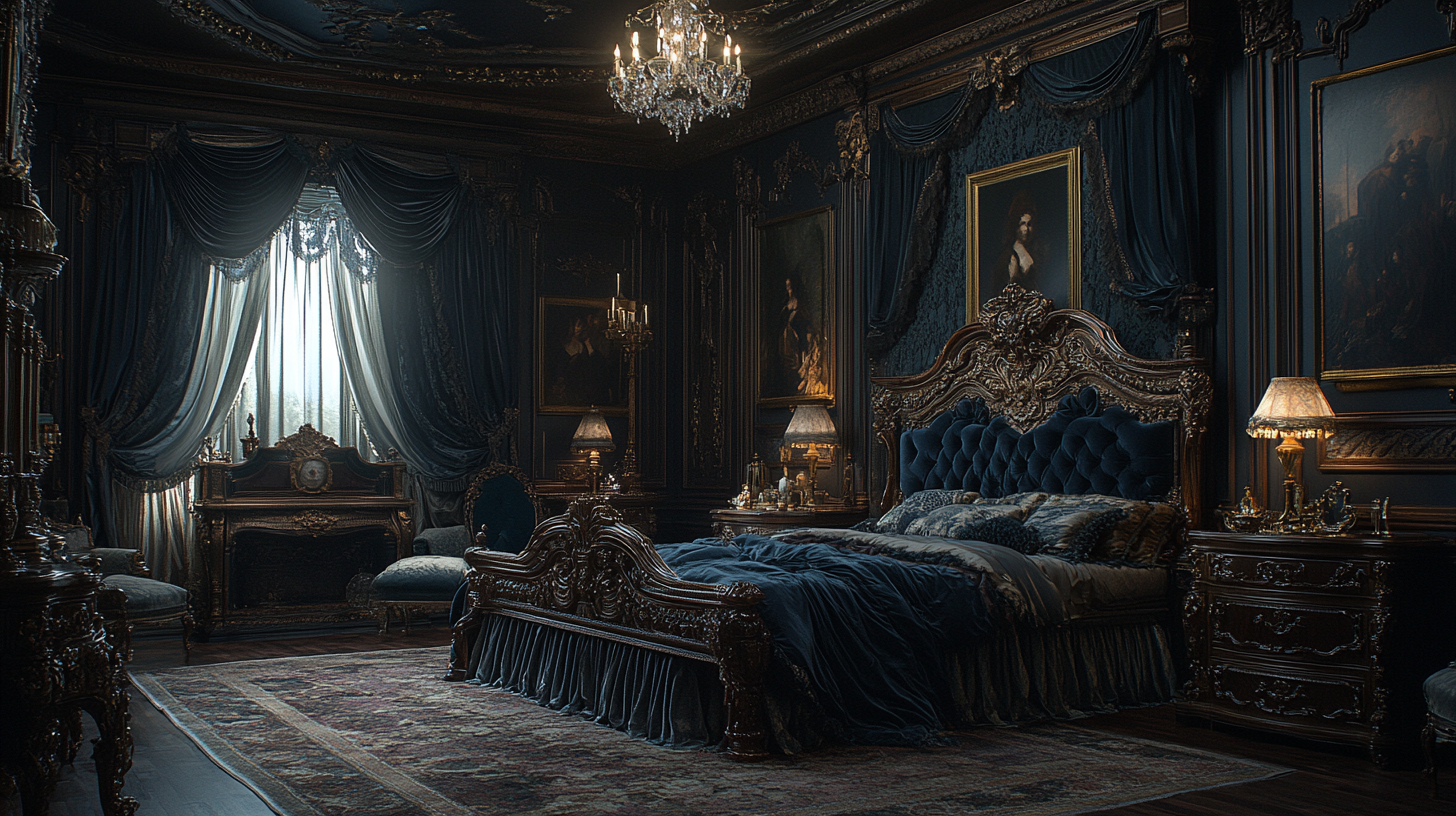 Regal bedroom with velvet bed, damask curtains, antique mirror.