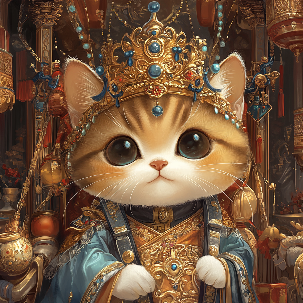 Regal chibi cat depicted as rich king. Luxurious background.