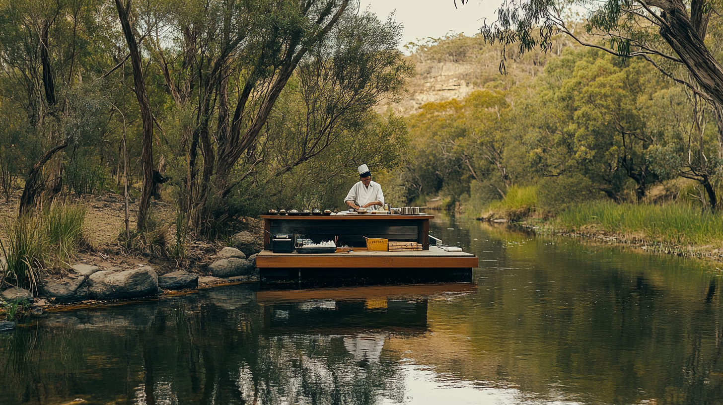 Regional Australian river, Japanese sushi master at traditional bar.