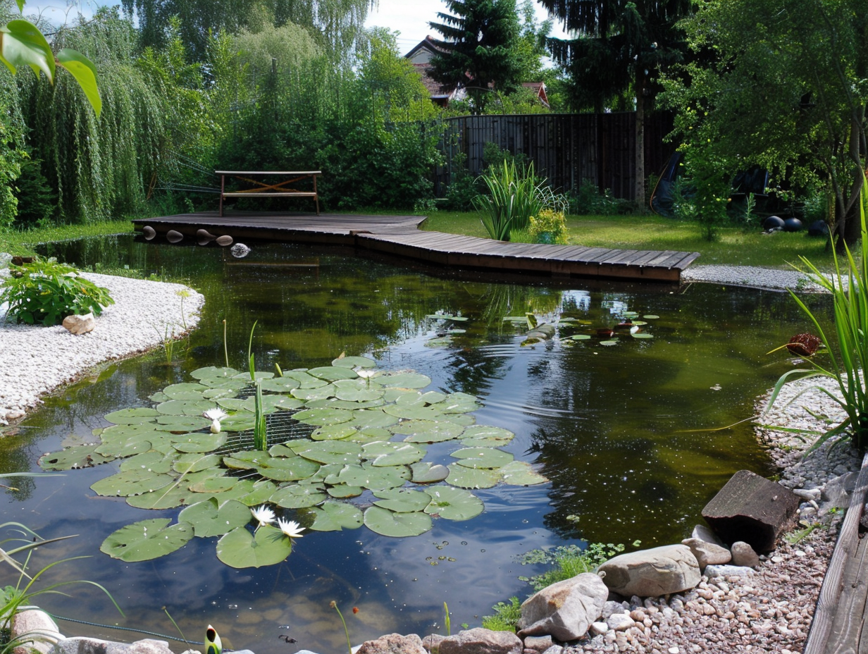 Reinforced pond edge with geogrid and white stones.