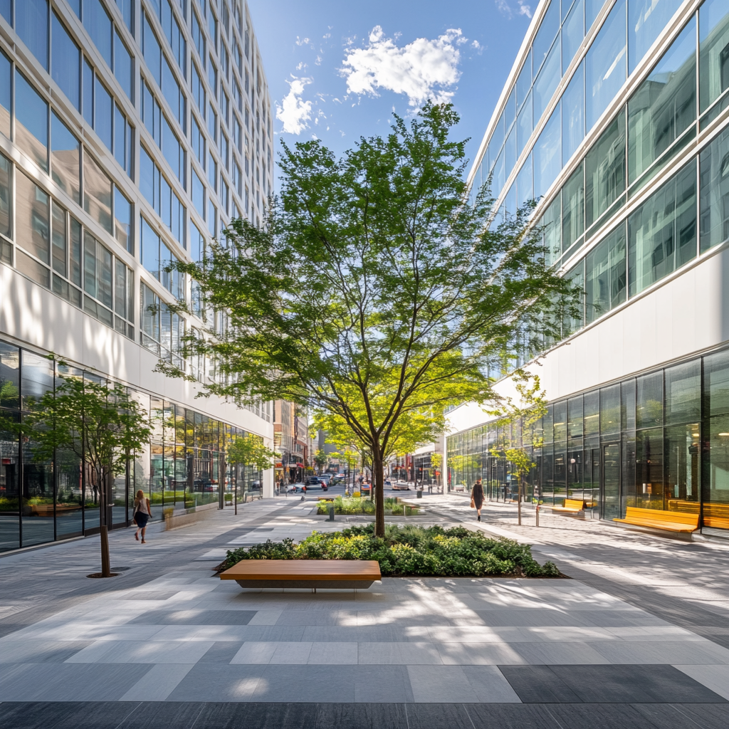 Relaxed city garden with white buildings, sunny skies, traffic.