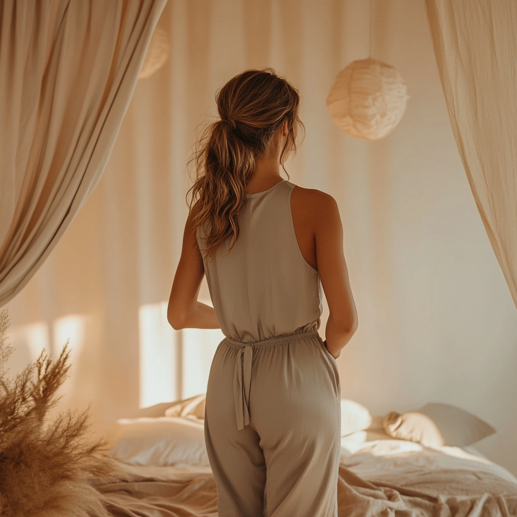 Relaxed woman in sleepwear with confident posture in room.