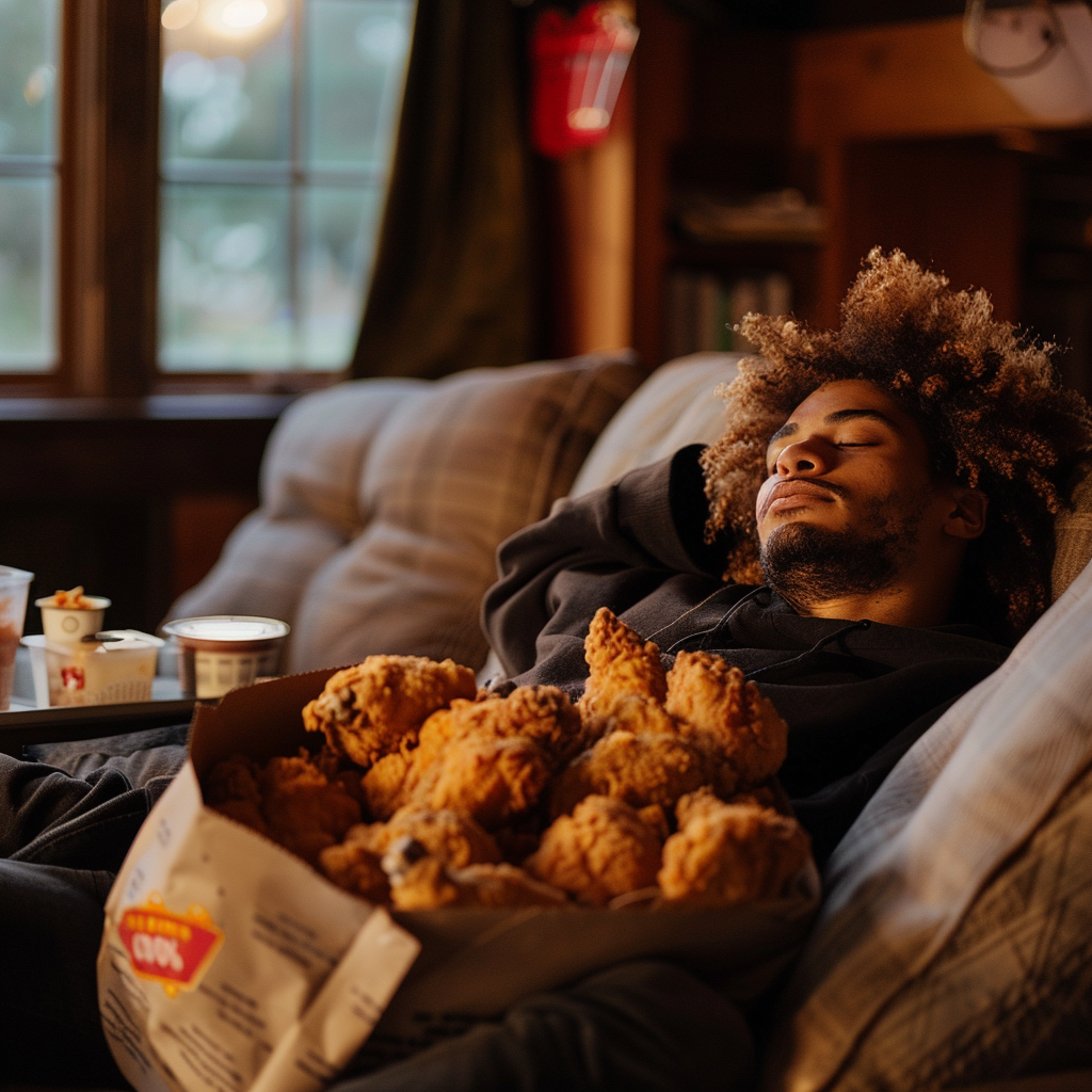 Relaxing with Fried Chicken in Cozy Living Room