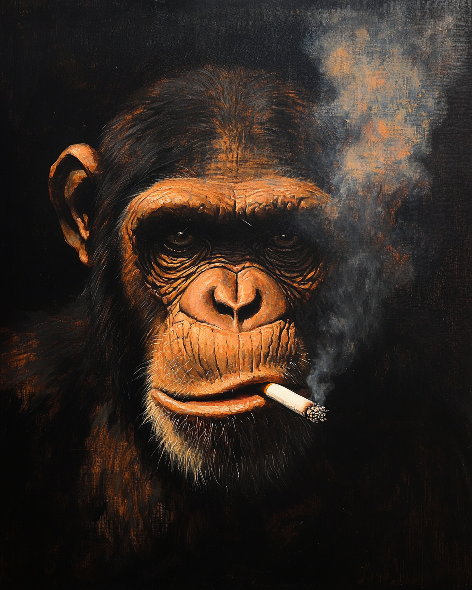 Rembrandt Monkey Portrait Smoking Cigarette with Dramatic Lighting