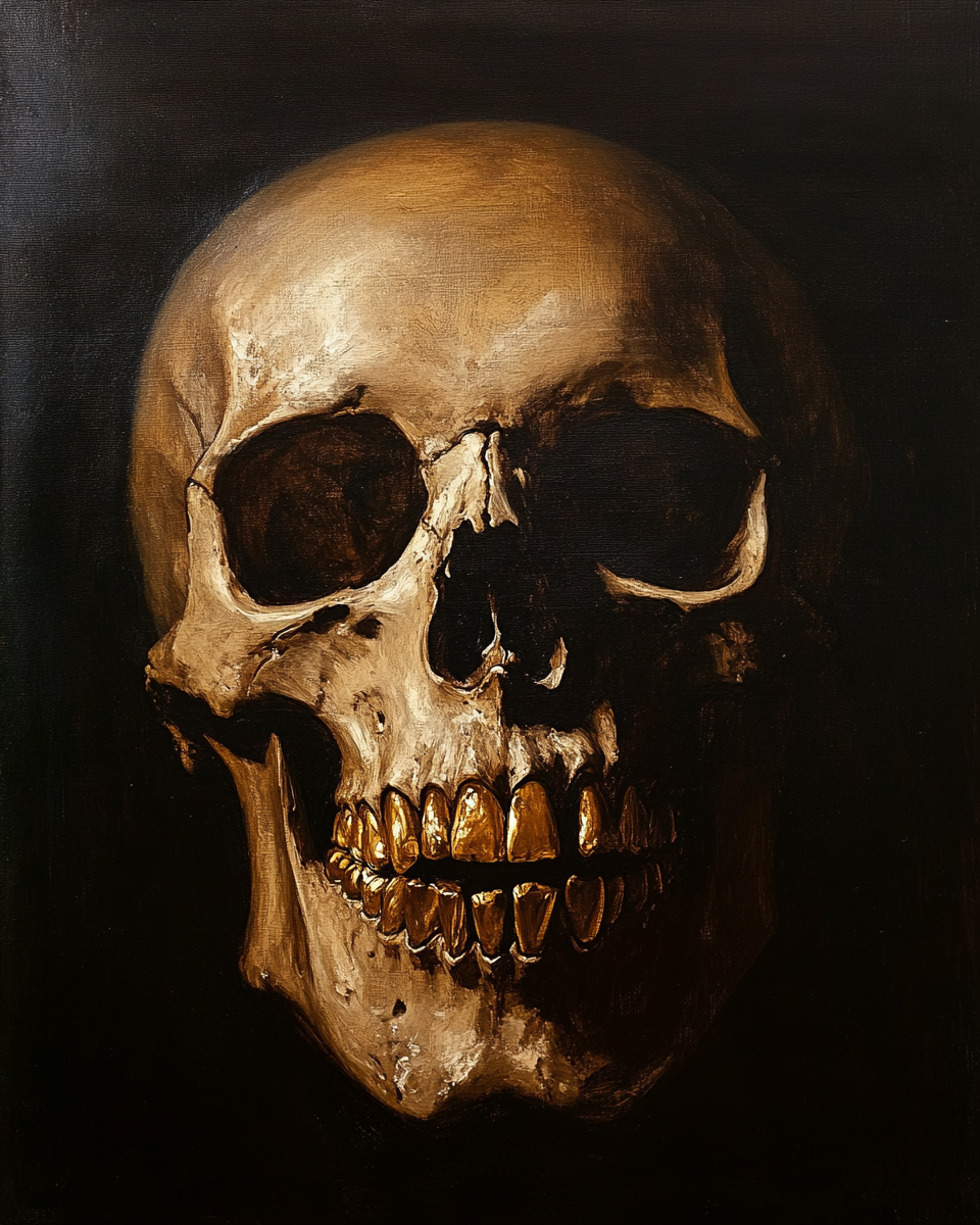 Rembrandt painting realistic portrait of gold-toothed skull, dramatic lighting