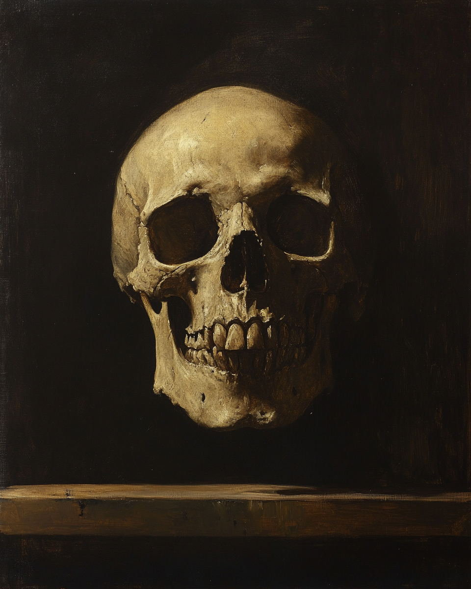 Rembrandt painting: skull portrait, dramatic lighting, serious expression