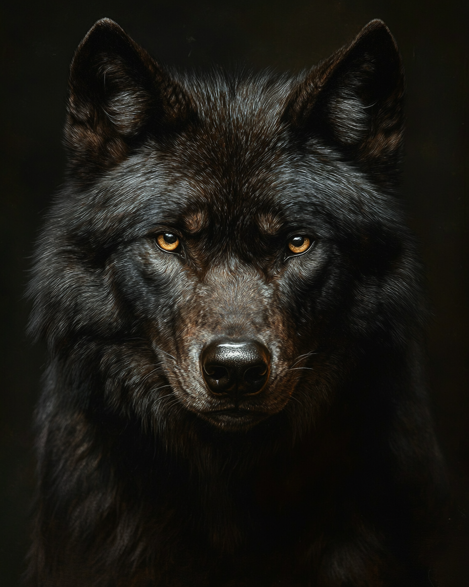 Rembrandt-style portrait of serious black wolf, dramatic lighting