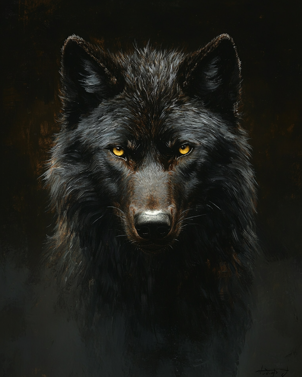 Rembrandt-style portrait of serious black wolf