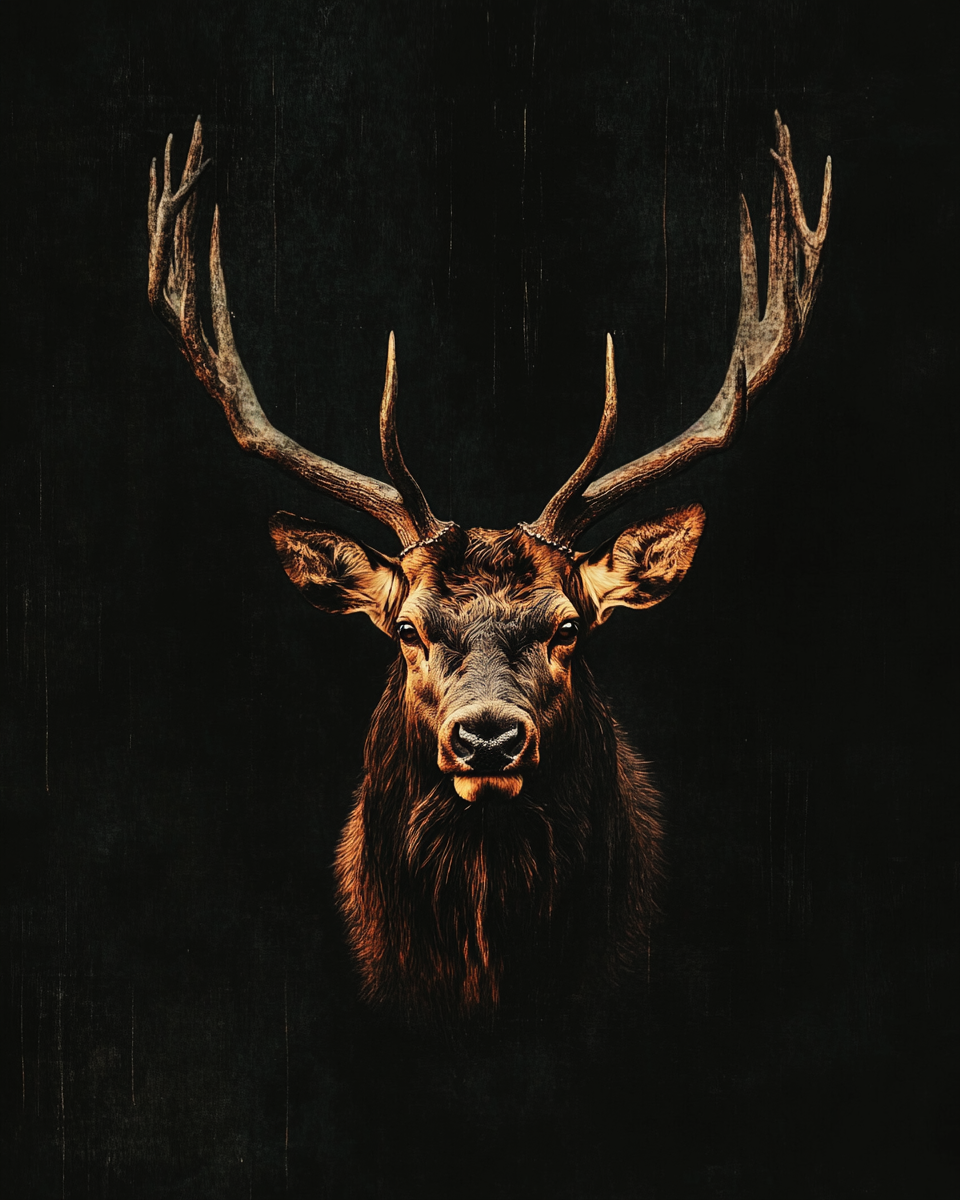 Rembrandt-style portrait of serious elk under dramatic lighting