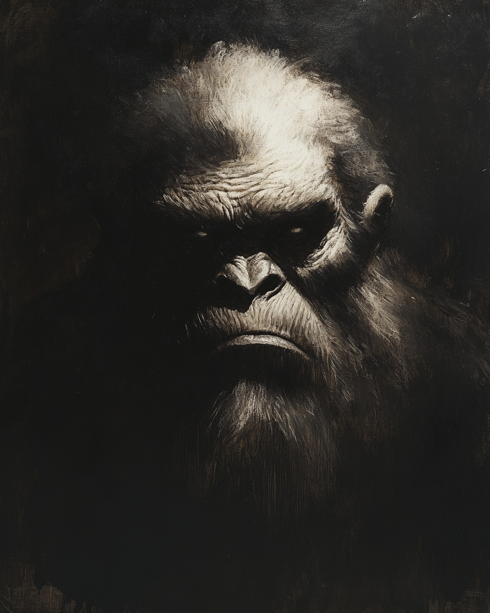 Rembrandt-style portrait of towering yeti with dramatic lighting