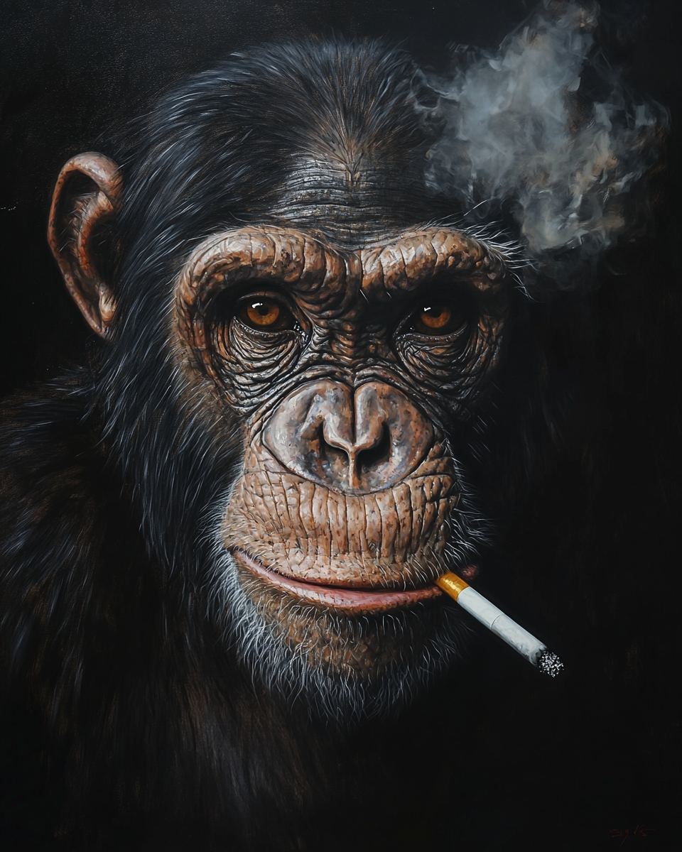 Rembrandt-style portrait: Serious chimp smoking cigarette, dramatic lighting 