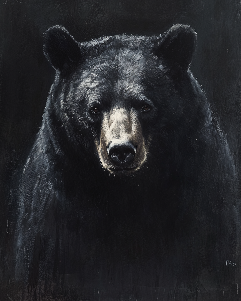 Rembrandt-style realistic black bear portrait under dramatic lighting