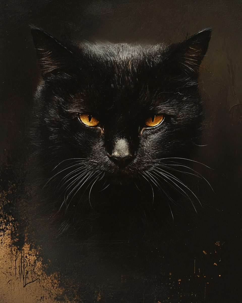 Rembrandt-style realistic portrait of serious black cat