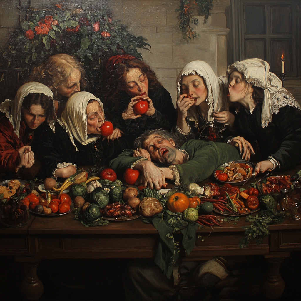 Renaissance Style Feast With 7 Witches and Man 