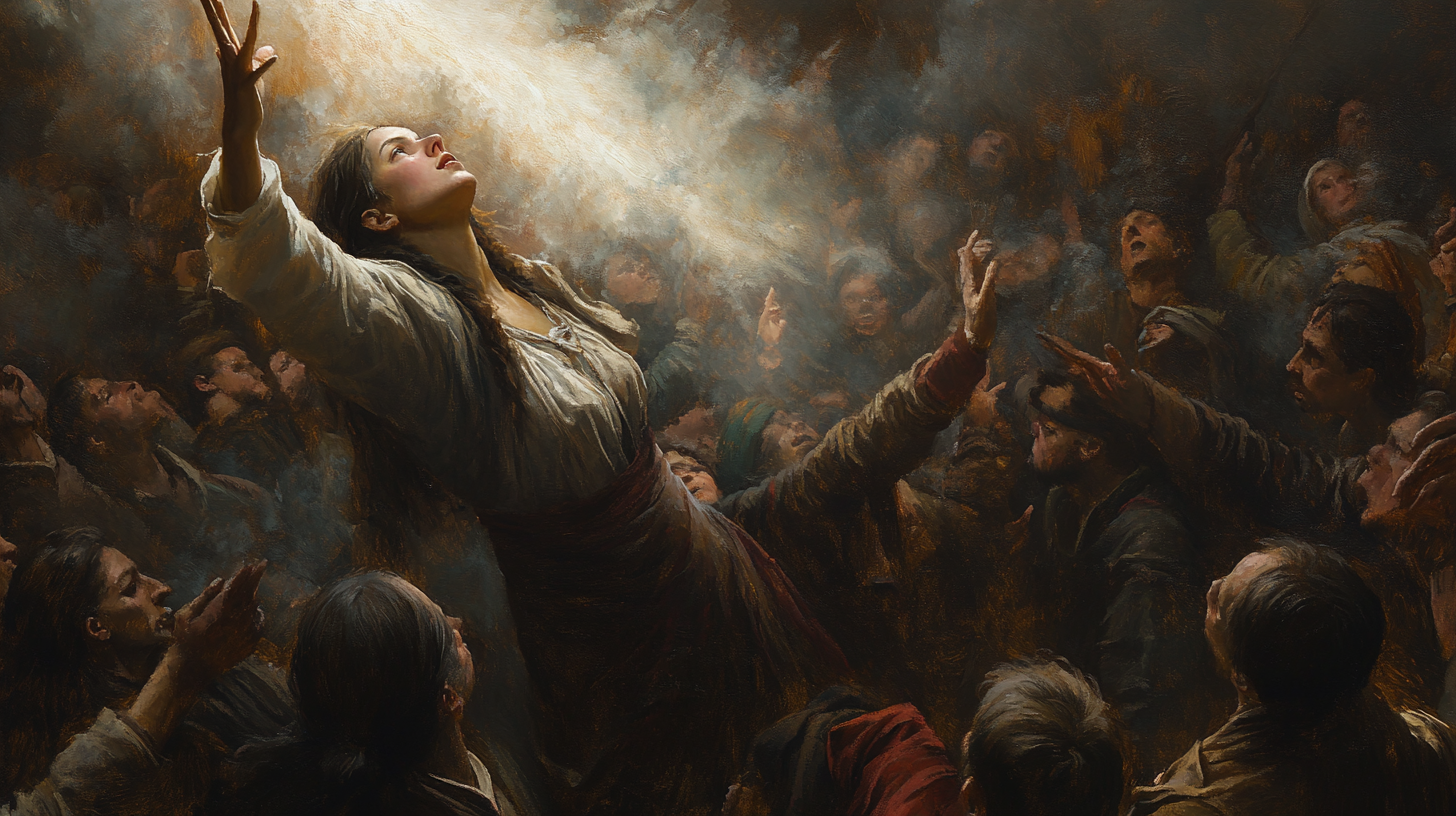 Renaissance Woman Ascending in Crowd, Dramatic Lighting, 16:9 