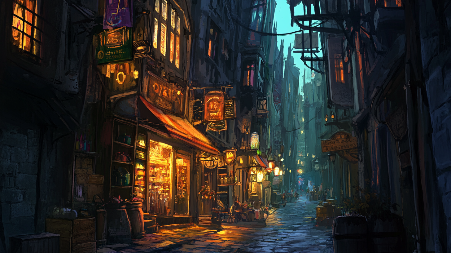 Renaissance fantasy city government district with crowded storefronts at night.