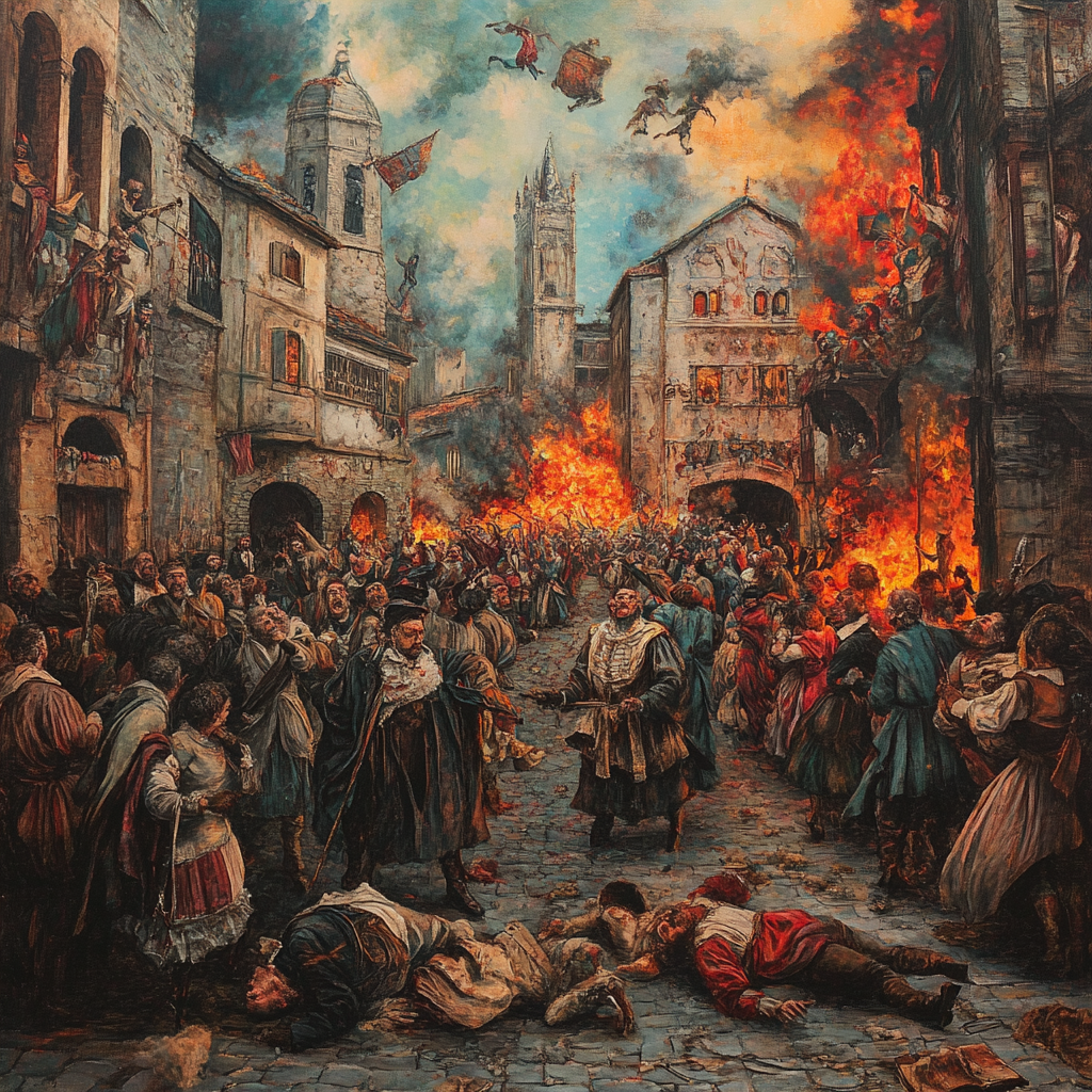 Renaissance-style riot with kings, queens, and burning buildings