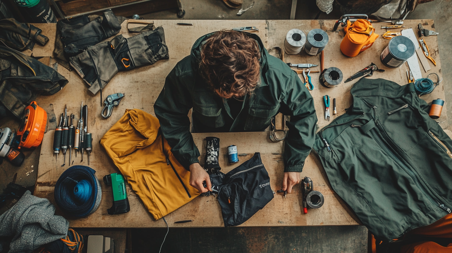 Repairing torn jacket in eco workshop with sewing tools.