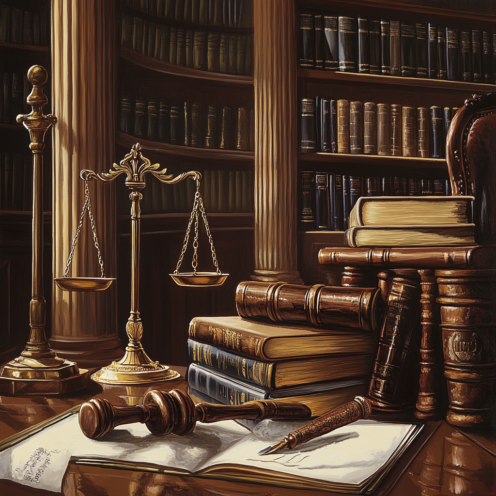 Represent legal field with gavel, scales, documents, law books.