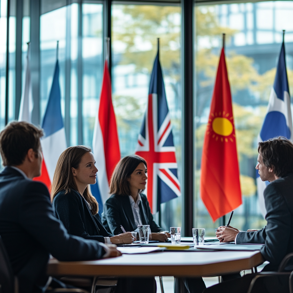 Researchers from different countries working together in conference room.