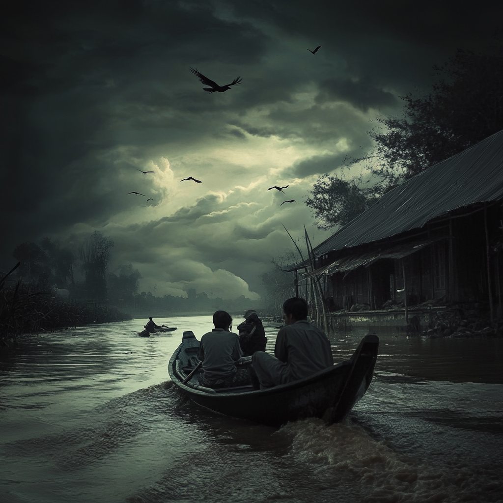 Residents in boat in dark Mekong River scene.