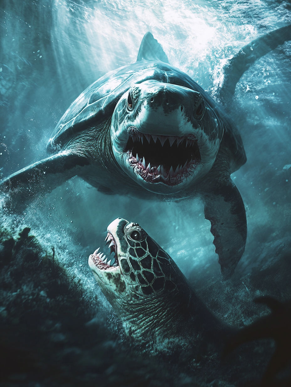 Resilient turtle bitten by shark underwater scene.