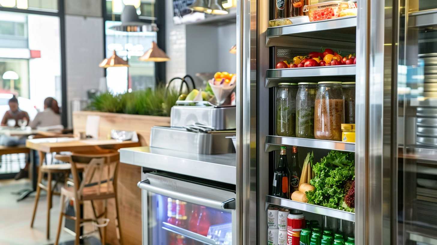 Restaurant professional cool storage with food, white and silver.