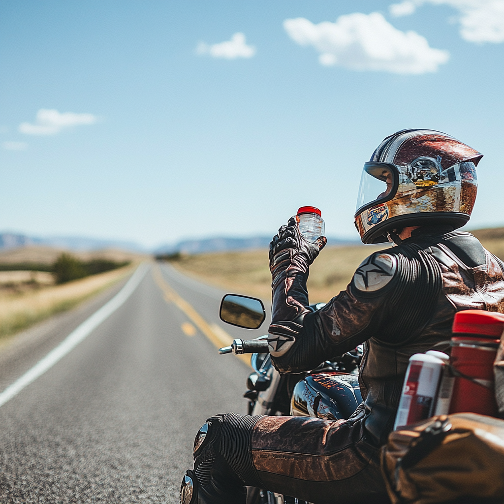 Resting biker on scenic highway, hydrating and stretching.