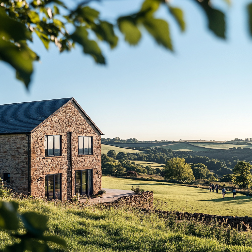 Restored luxury barn in Derbyshire countryside on sunny day.