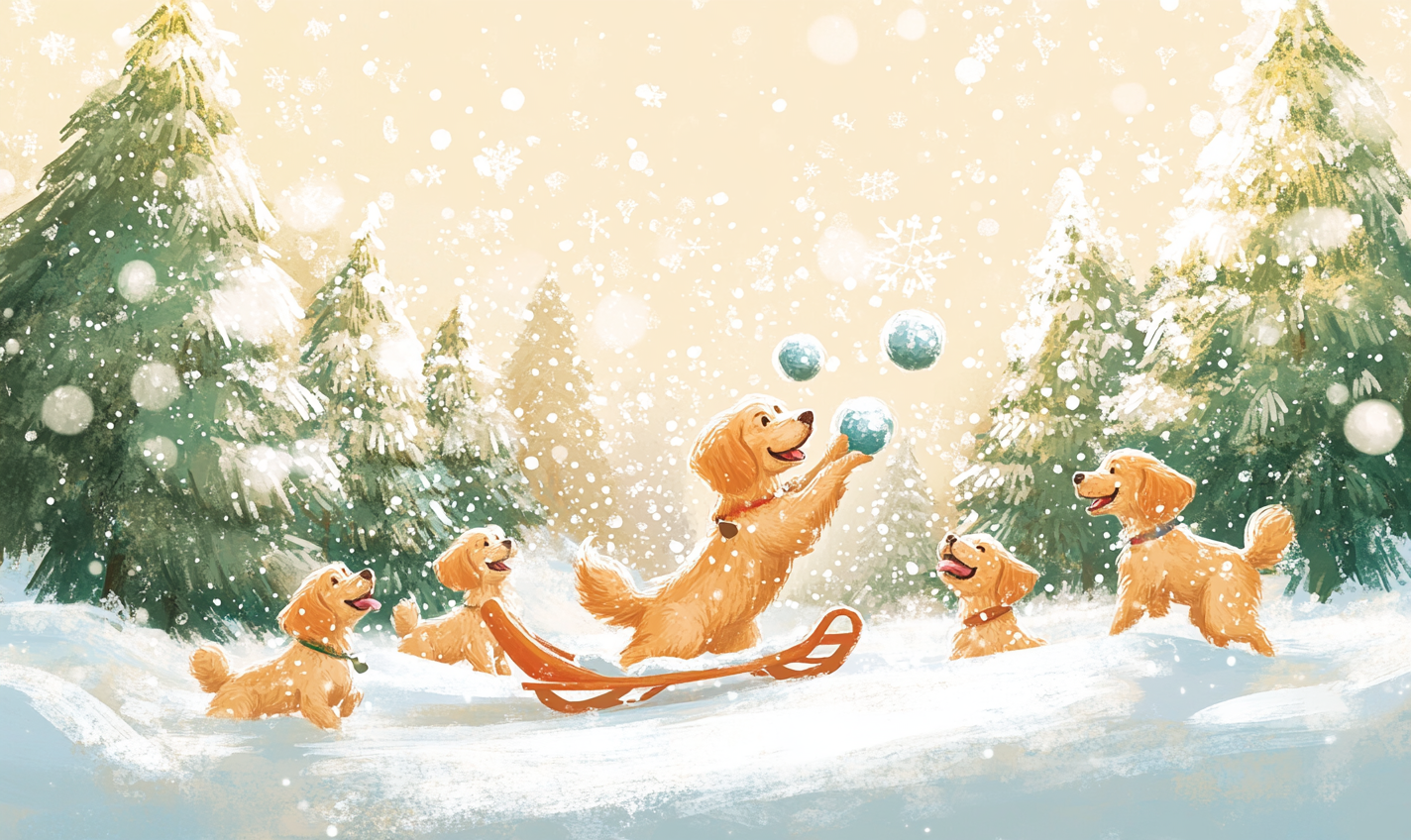 Retriever dogs play snowball near Christmas trees, snow flying.